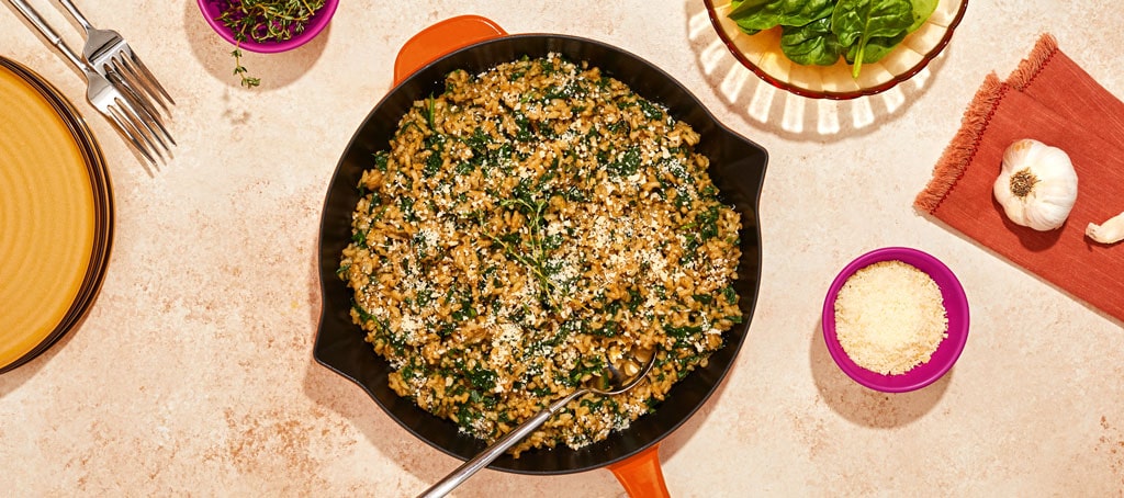 Recipe for. brown rice with spinach and parmesan, by chef Nick Wallace.