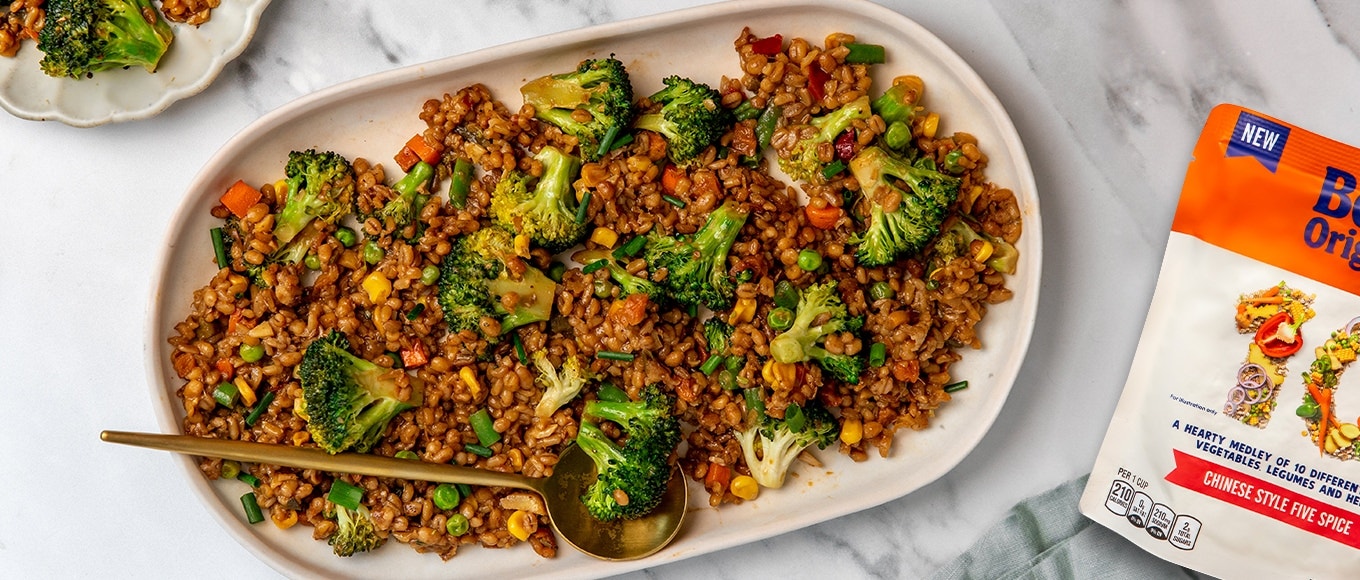 Ben's 10 Medley rice package - Chinese Style Five Spice flavor - on table next to platter of Broccoli “Fried Rice”