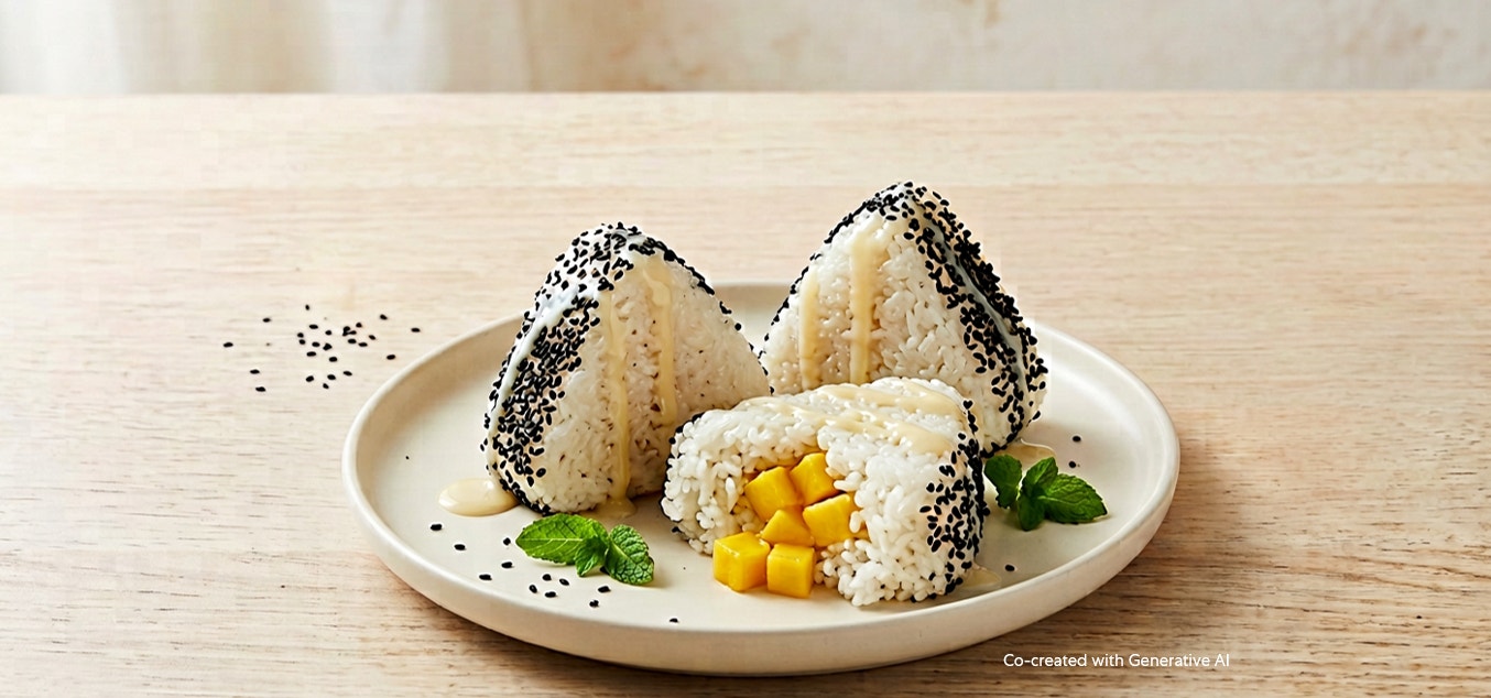 Coconut mango onigiris on plate