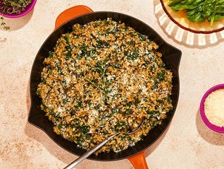 Recipe for. brown rice with spinach and parmesan, by chef Nick Wallace.