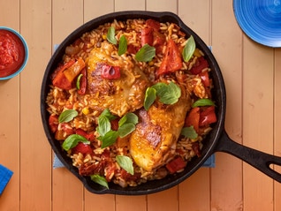 A chicken and tomato with basil and rice skillet recipe made in less than an hour with a stovetop, microwave, and oven.