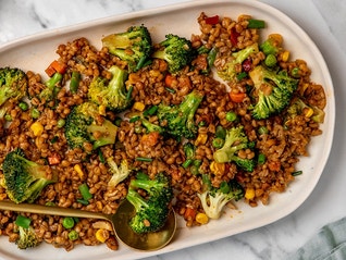Ben's 10 Medley rice package - Chinese Style Five Spice flavor - on table next to platter of Broccoli “Fried Rice”